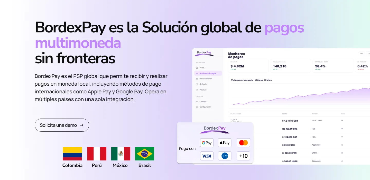 Inicio de BordexPay: solución global de pagos multimoneda, con el panel de monitoreo de pagos y los métodos de pago disponibles