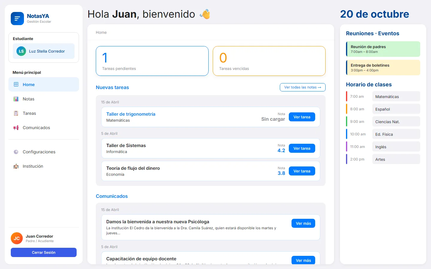 Inicio de padres en NotasYa con tareas, notas, comunicados, eventos y horario de clases